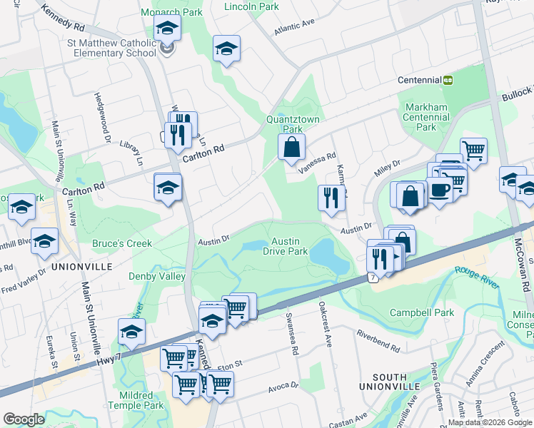 map of restaurants, bars, coffee shops, grocery stores, and more near 212 Austin Drive in Markham