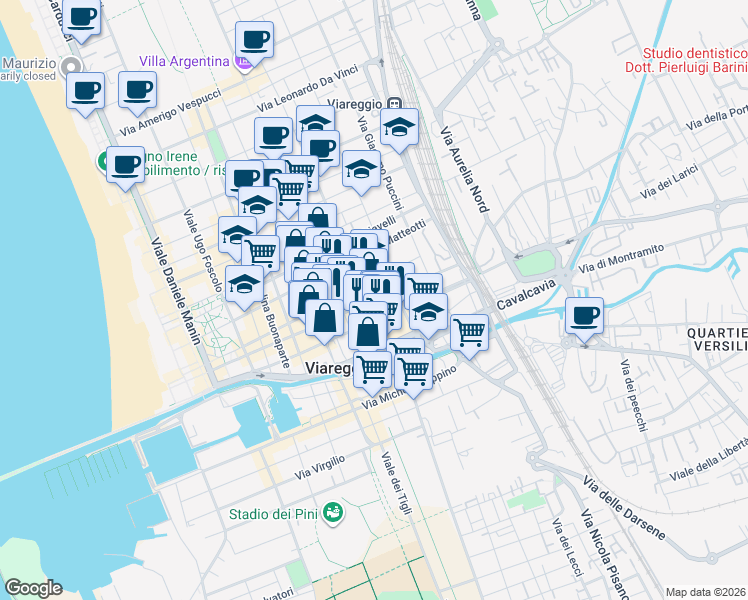map of restaurants, bars, coffee shops, grocery stores, and more near 131 Corso Giuseppe Garibaldi in Viareggio