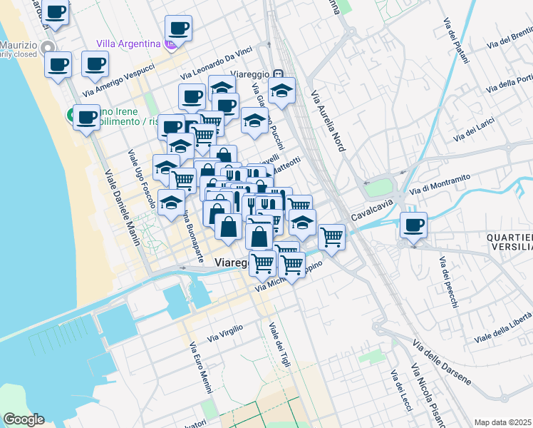 map of restaurants, bars, coffee shops, grocery stores, and more near 131 Corso Giuseppe Garibaldi in Viareggio