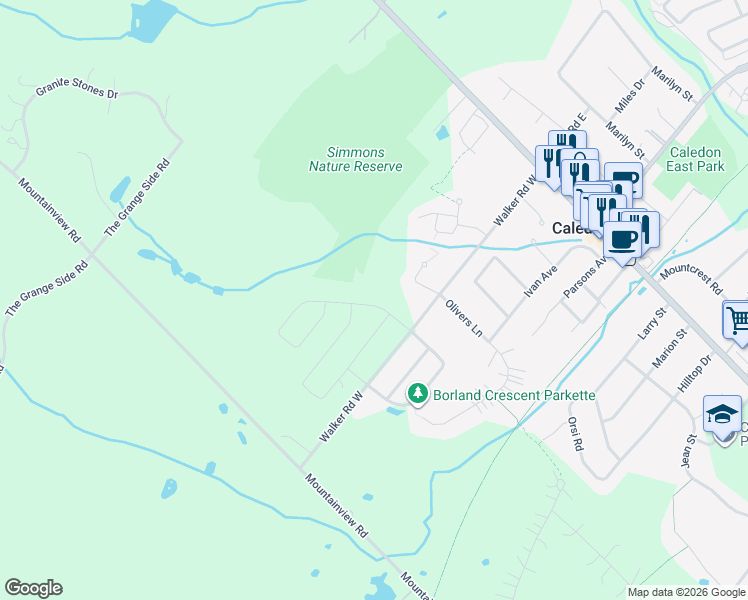 map of restaurants, bars, coffee shops, grocery stores, and more near 89 Walker Road West in Caledon