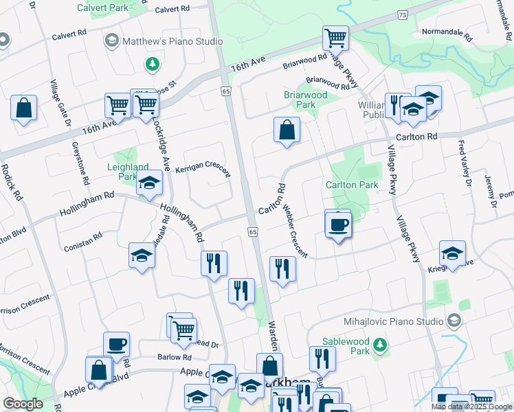 map of restaurants, bars, coffee shops, grocery stores, and more near 6 Carlton Road in Markham