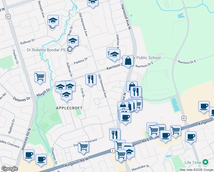 map of restaurants, bars, coffee shops, grocery stores, and more near 3 Booth Crescent in Ajax