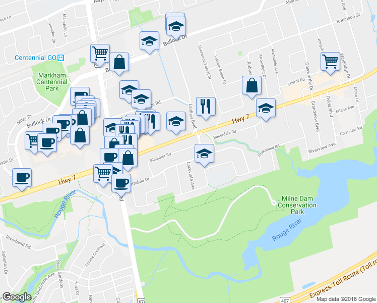 map of restaurants, bars, coffee shops, grocery stores, and more near 9 Gladiator Road in Markham