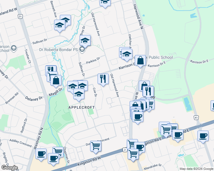 map of restaurants, bars, coffee shops, grocery stores, and more near 21 Sheldon Drive in Ajax