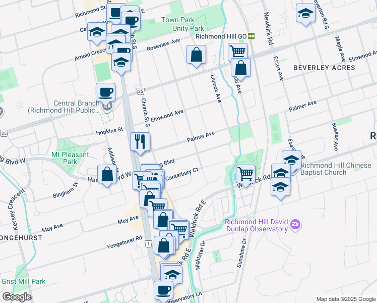 map of restaurants, bars, coffee shops, grocery stores, and more near 75 Harding Boulevard in Richmond Hill