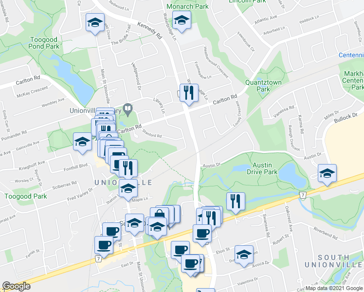map of restaurants, bars, coffee shops, grocery stores, and more near 42 Berkeley Court in Markham