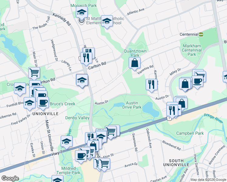 map of restaurants, bars, coffee shops, grocery stores, and more near 43 Couperthwaite Crescent in Markham