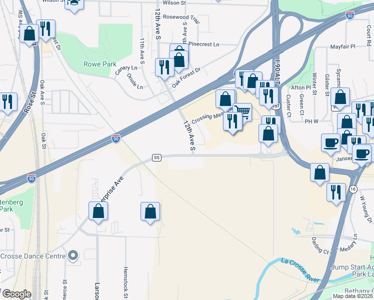 map of restaurants, bars, coffee shops, grocery stores, and more near 1370 County Road SS in Onalaska