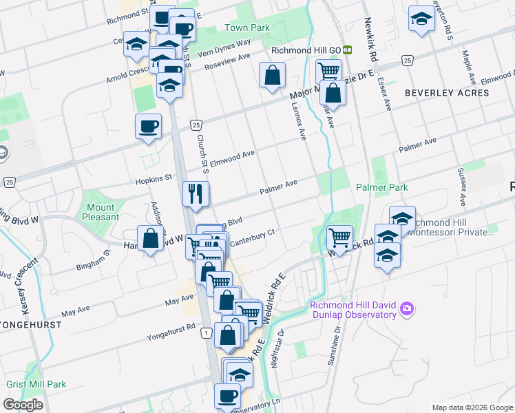 map of restaurants, bars, coffee shops, grocery stores, and more near 73 Harding Boulevard in Richmond Hill