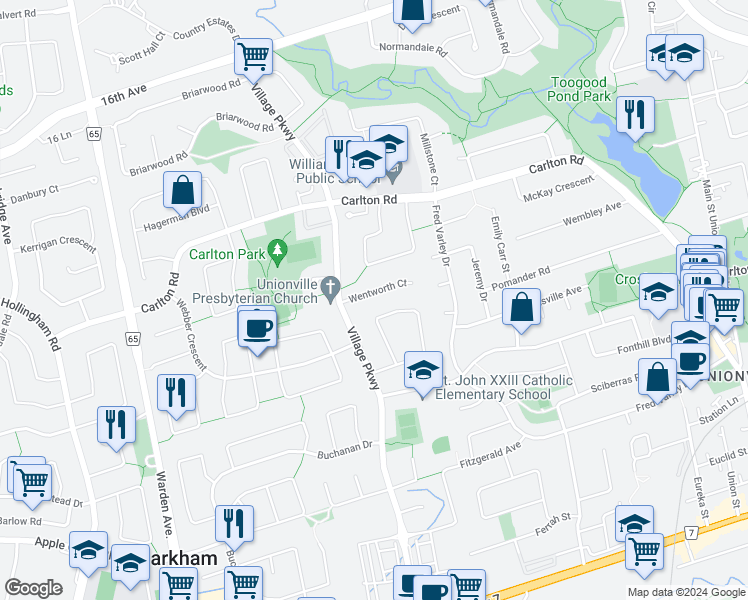 map of restaurants, bars, coffee shops, grocery stores, and more near 51 Addington Square in Markham