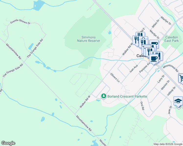 map of restaurants, bars, coffee shops, grocery stores, and more near 89 Walker Road West in Caledon