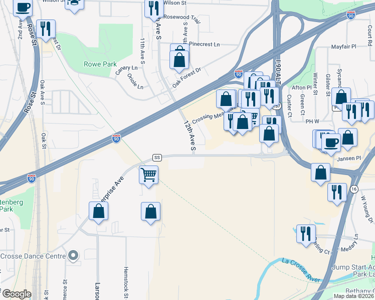 map of restaurants, bars, coffee shops, grocery stores, and more near 1370 County Road SS in Onalaska