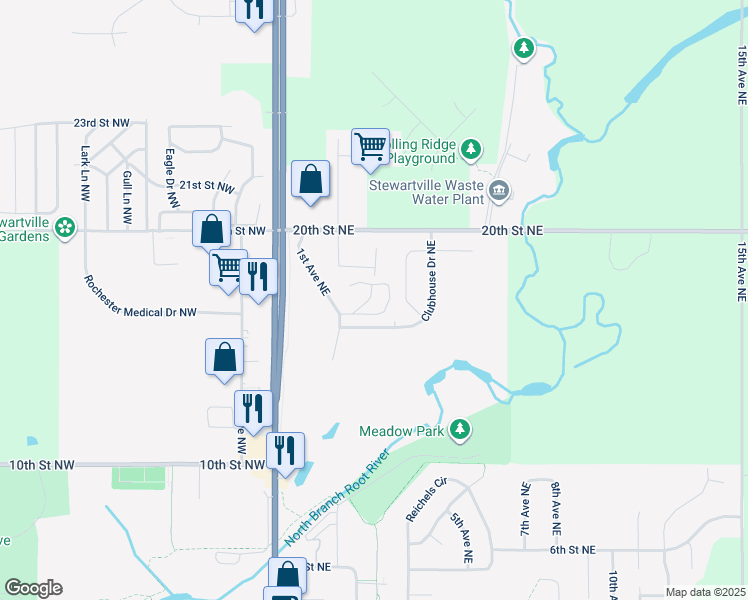 map of restaurants, bars, coffee shops, grocery stores, and more near 501 Birch Street Northeast in Stewartville
