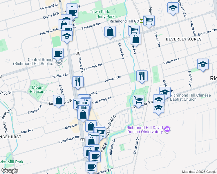 map of restaurants, bars, coffee shops, grocery stores, and more near 83 Harding Boulevard in Richmond Hill