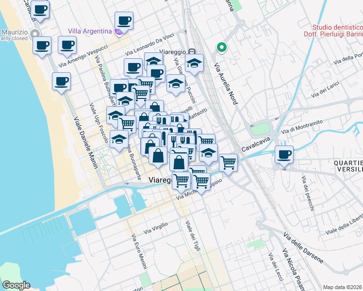 map of restaurants, bars, coffee shops, grocery stores, and more near 131 Corso Giuseppe Garibaldi in Viareggio