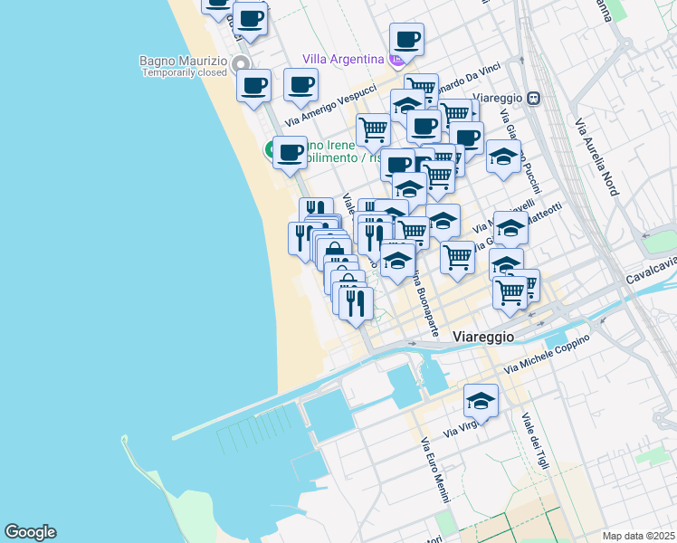 map of restaurants, bars, coffee shops, grocery stores, and more near Viale Daniele Manin in Viareggio