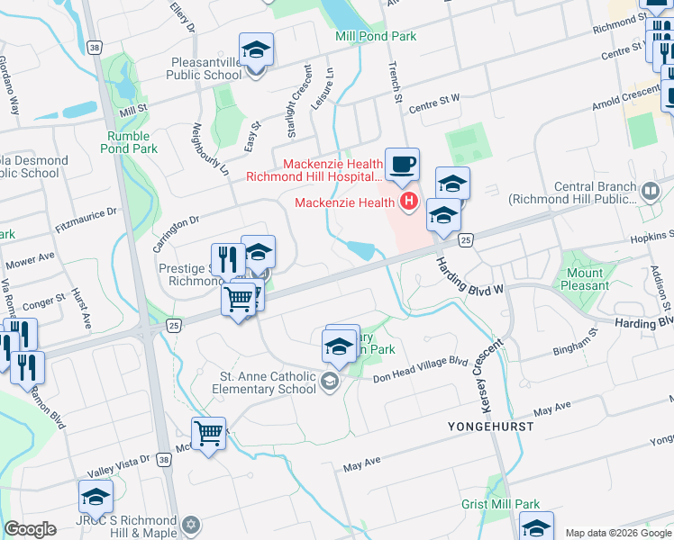 map of restaurants, bars, coffee shops, grocery stores, and more near 20 Elston Court in Richmond Hill