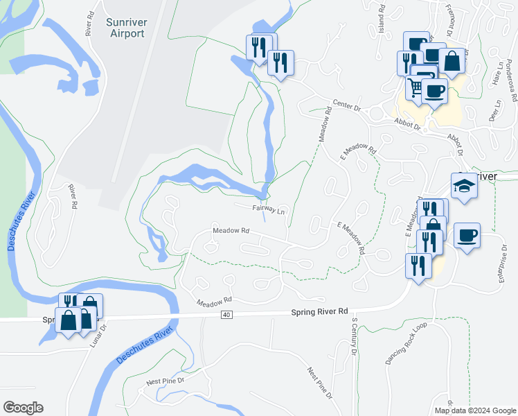 map of restaurants, bars, coffee shops, grocery stores, and more near 36 Fairway Lane in Bend