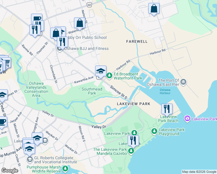 map of restaurants, bars, coffee shops, grocery stores, and more near 1402 Simcoe Street South in Oshawa
