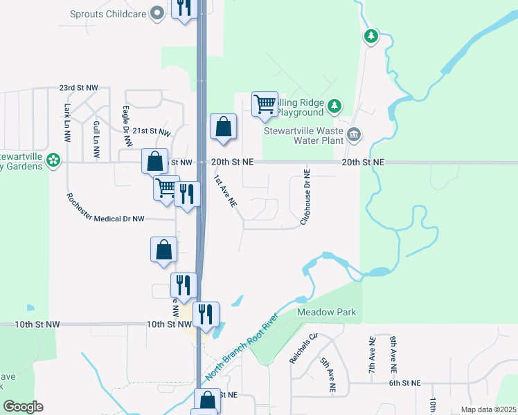 map of restaurants, bars, coffee shops, grocery stores, and more near 201 Birch Street Northeast in Stewartville