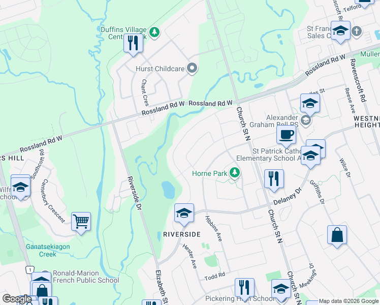map of restaurants, bars, coffee shops, grocery stores, and more near 13 Freeston Crescent in Ajax