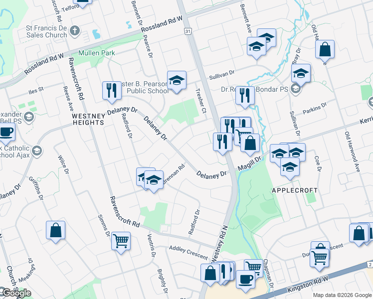 map of restaurants, bars, coffee shops, grocery stores, and more near 61 Delaney Drive in Ajax