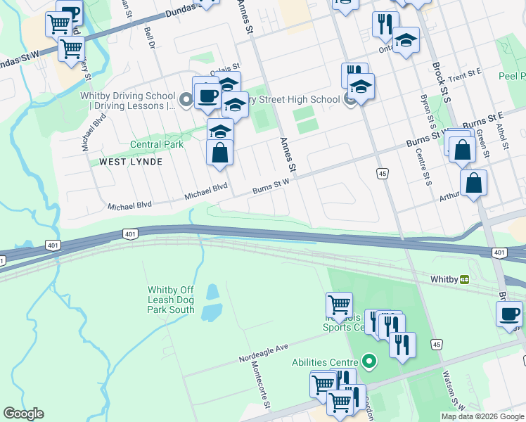 map of restaurants, bars, coffee shops, grocery stores, and more near 925 Burns Street West in Whitby
