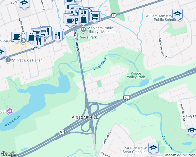 map of restaurants, bars, coffee shops, grocery stores, and more near 24 Rouge Street in Markham