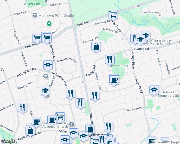 map of restaurants, bars, coffee shops, grocery stores, and more near 14 Carlton Road in Markham