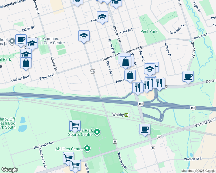 map of restaurants, bars, coffee shops, grocery stores, and more near 1101 King Street in Whitby