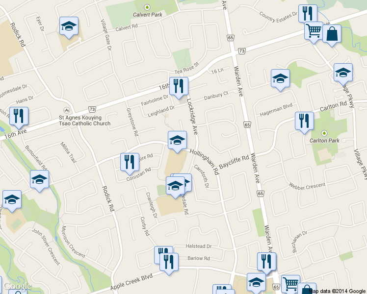 map of restaurants, bars, coffee shops, grocery stores, and more near 2 Glamorgan Court in Markham