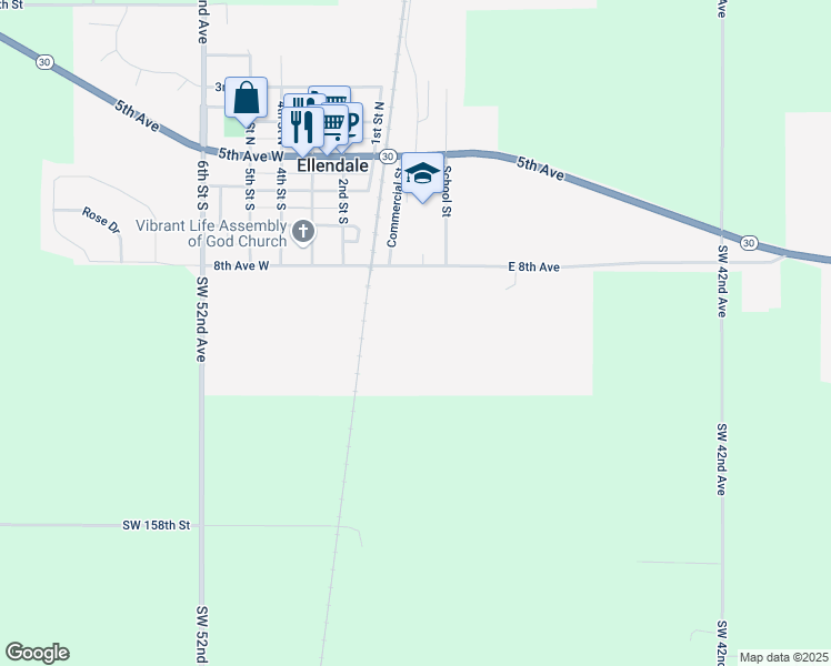 map of restaurants, bars, coffee shops, grocery stores, and more near 199 8th Avenue West in Ellendale