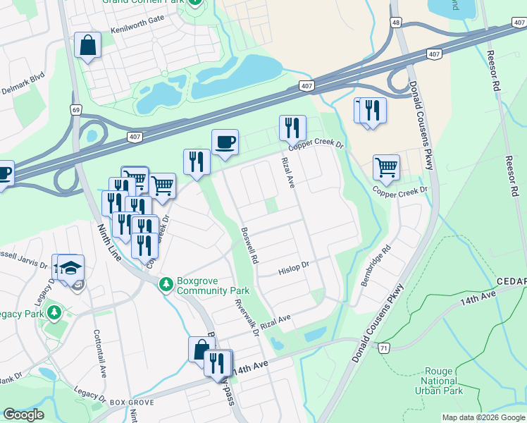 map of restaurants, bars, coffee shops, grocery stores, and more near 16 Collingham Place in Markham