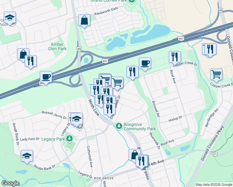 map of restaurants, bars, coffee shops, grocery stores, and more near 100 Copper Creek Drive in Markham