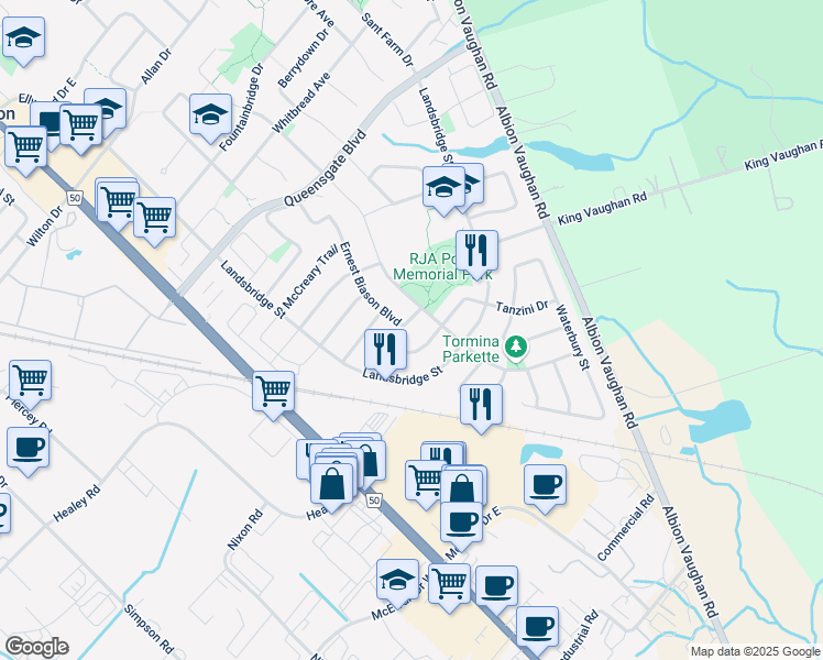 map of restaurants, bars, coffee shops, grocery stores, and more near 12 Ernest Biason Boulevard in Caledon