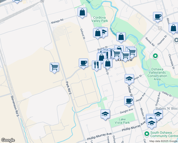 map of restaurants, bars, coffee shops, grocery stores, and more near 501 Wentworth Street West in Oshawa