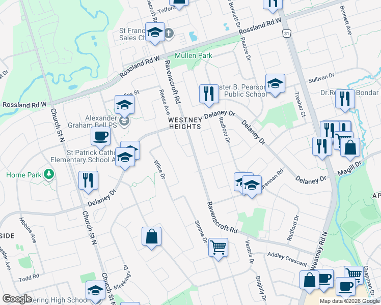 map of restaurants, bars, coffee shops, grocery stores, and more near 175 Ravenscroft Road in Ajax