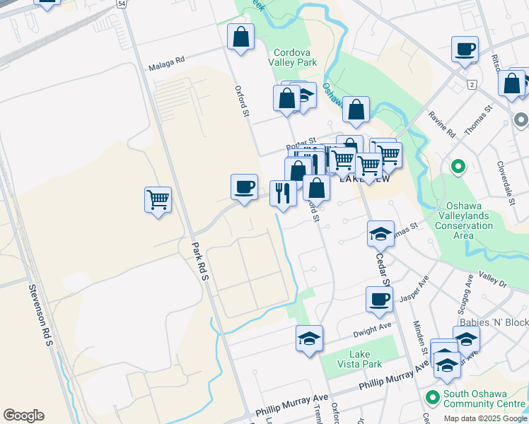 map of restaurants, bars, coffee shops, grocery stores, and more near 501 Wentworth Street West in Oshawa