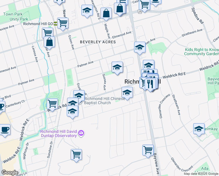 map of restaurants, bars, coffee shops, grocery stores, and more near 6 Hanover Court in Richmond Hill