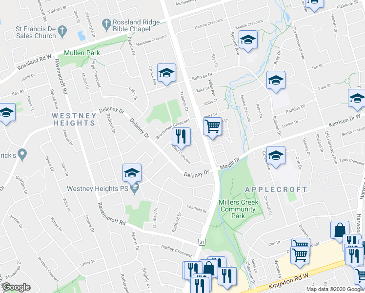 map of restaurants, bars, coffee shops, grocery stores, and more near Tipton Crescent in Ajax