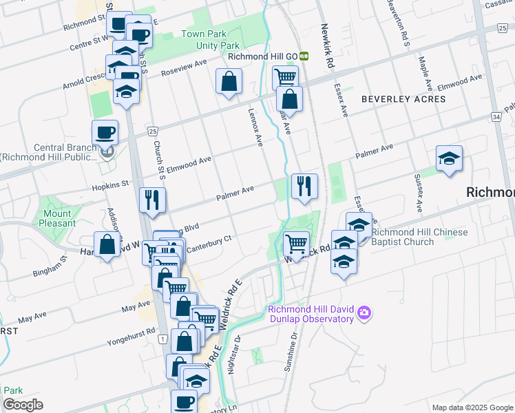 map of restaurants, bars, coffee shops, grocery stores, and more near 127 Harding Boulevard East in Richmond Hill