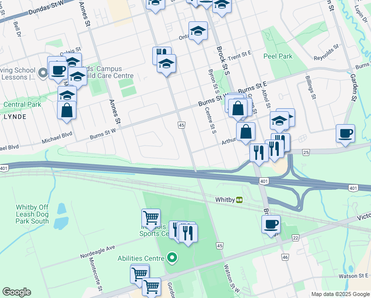map of restaurants, bars, coffee shops, grocery stores, and more near 1008 Henry Street in Whitby