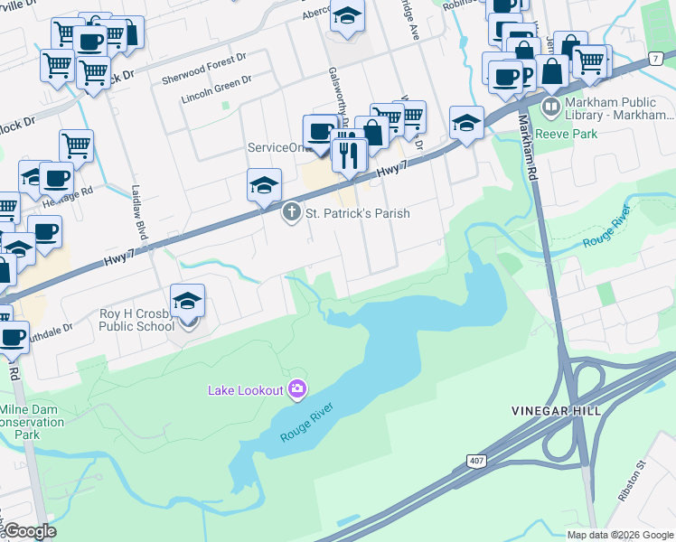 map of restaurants, bars, coffee shops, grocery stores, and more near 28 Willowgate Drive in Markham