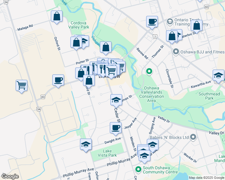 map of restaurants, bars, coffee shops, grocery stores, and more near in Oshawa