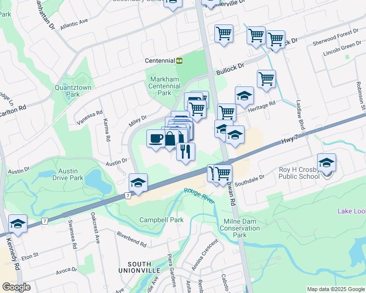 map of restaurants, bars, coffee shops, grocery stores, and more near 5000 Highway 7 in Markham