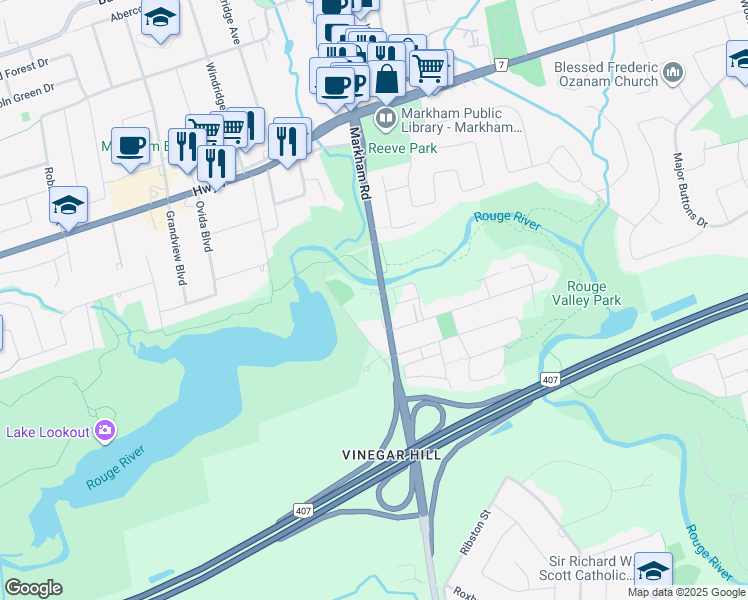 map of restaurants, bars, coffee shops, grocery stores, and more near 72 Main Street Markham South in Markham