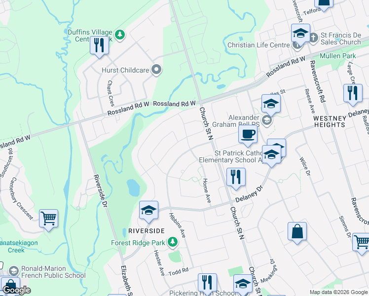 map of restaurants, bars, coffee shops, grocery stores, and more near 69 Welsh Street in Ajax
