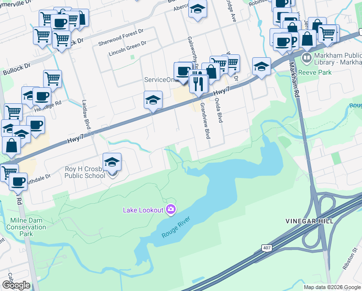 map of restaurants, bars, coffee shops, grocery stores, and more near 28 Willowgate Drive in Markham