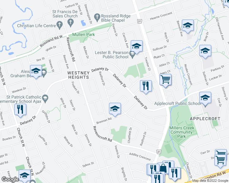 map of restaurants, bars, coffee shops, grocery stores, and more near 14 Barrett Crescent in Ajax
