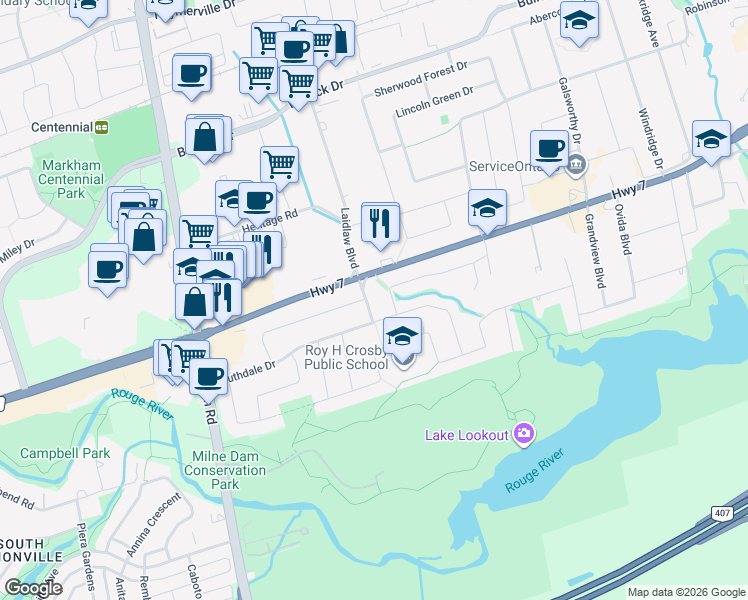 map of restaurants, bars, coffee shops, grocery stores, and more near 7 Conservation Avenue in Markham